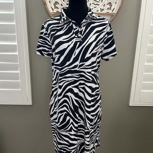 IBKUL Animal Print Collar Short Sleeve Dress White/Black Golf Zebra SZL UPF 50+ - Picture 2 of 9